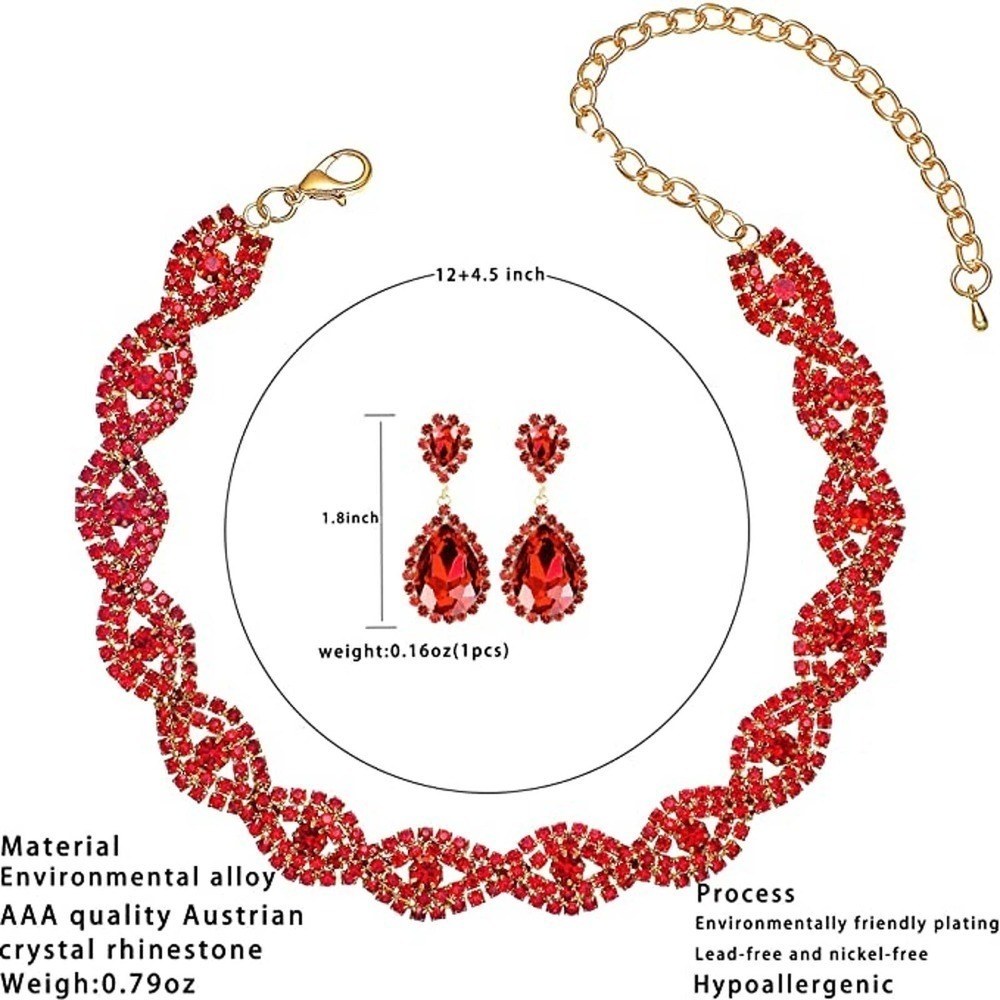 Ruby Red Crystal Necklace Set CZ Cubic Rhinestone Necklace Bracelet Earrings Set - Picture 3 of 6
